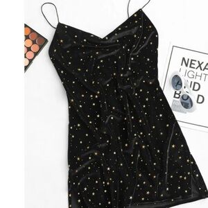 Zaful dress medium velvet gold star print Black Starry NEW stretch polyester